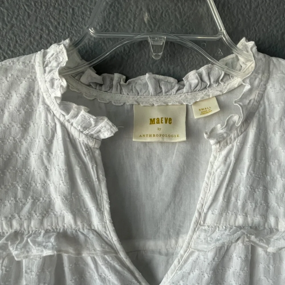 Anthropologie White Ruffled V-Neck Peasant Blouse
